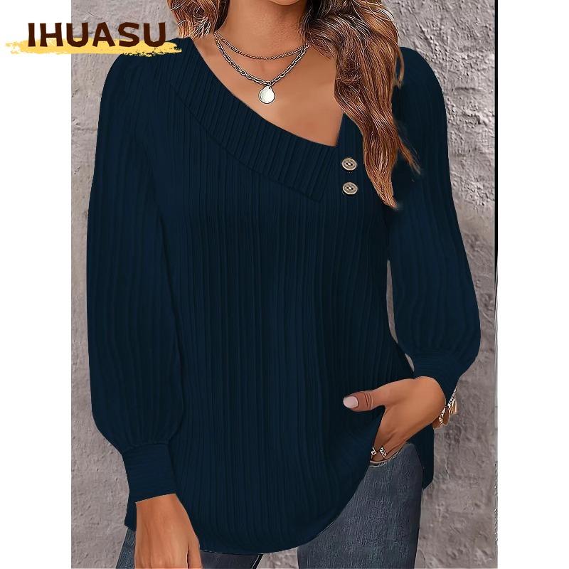 IHUASU Moda Donna Casual Tinta Unita Stampa Manica Lunga Bluse e Camicie