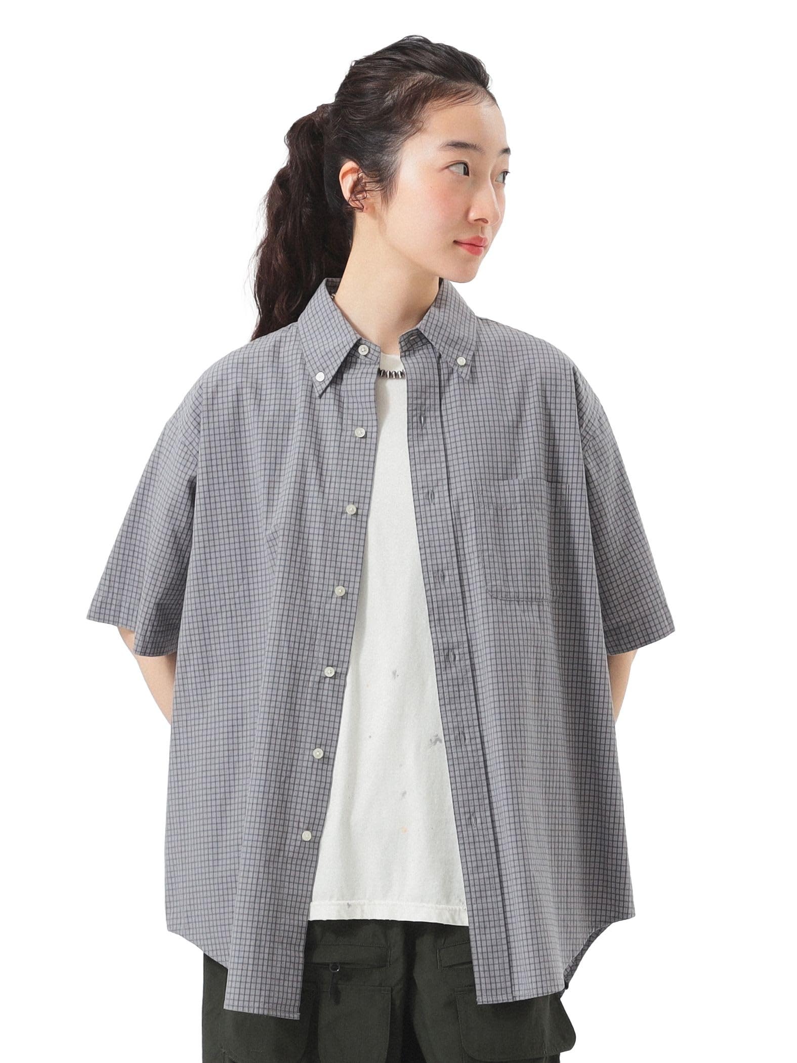 

Beams Boy Women s S/S Check Big Button-Down Shirt, Gray Free