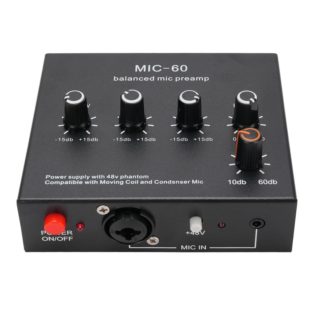 Microphone Preamp Mic Gain Booster 48V Power Supply Mic Pre Amp for Dynamic Condenser XLR 3.5mm 6.35mm Inputs Outputs
