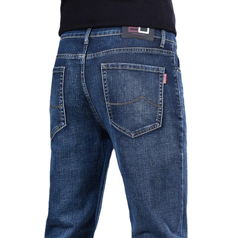 New slim-fit stretch denim trousers for men Straight-leg relaxed fit Mid-rise long trousers