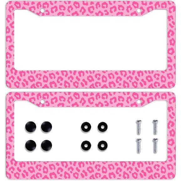 Tropical Flamingo Car Front License Plate Frame Palm Tree Waves Moon Black White Personalise License Plate Frames Stainless Steel Metal Car Plates 6.3 L x 12.2 W(2PC) леопардовый