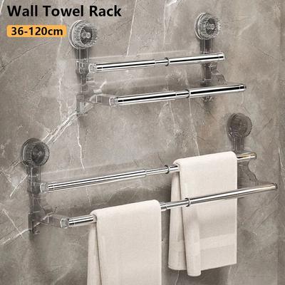 1Pcs 36-120cm Wall Towel Rack Double Layer Rod Kitchen Bathroom Shelf Self-adhesive Storage Rack