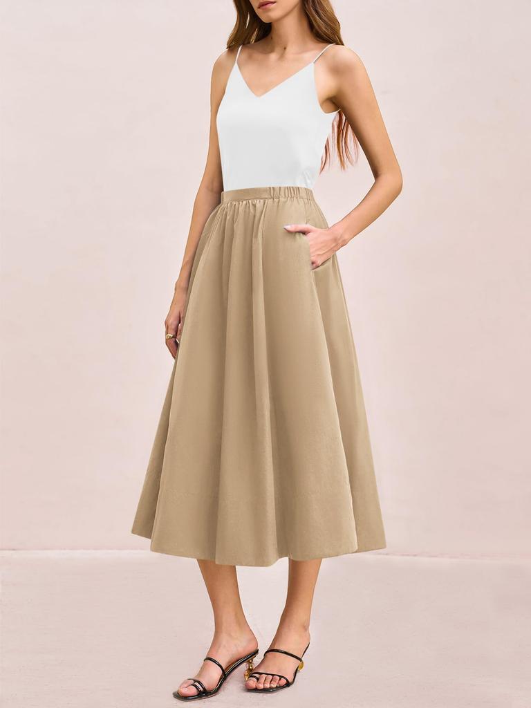 Women's Elastic High Waist A Line Midi Skirt Pleated Flowy Swing Skirt with Pockets
