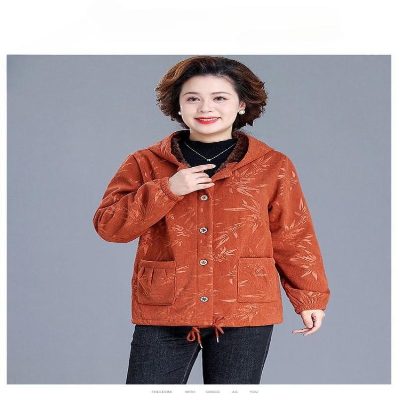Foreign-style Cotton-padded Jacket with Hooded Short Section for Middle-aged and Elderly Women, Plus-size Padded Cotton-padded Jacket in Winter.