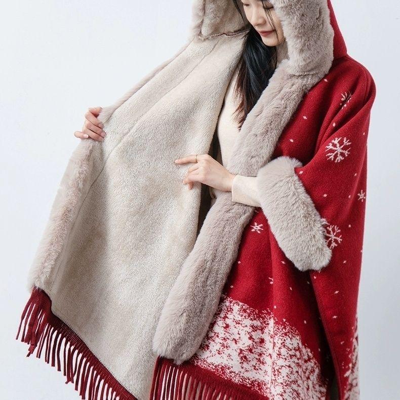 Красный зимний бархатный вязаный кейп-пальто: Универсальное, теплое и стильное рождественское ципао, издание 2023 года One Size: 85-200 jin