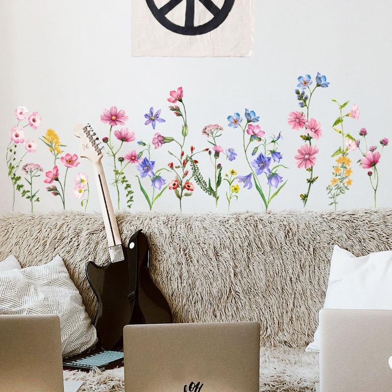 Flowers Vines Wall Decals, Removable Green Plants Leaves Peel and Stick Wall Stickers, Elegant Floral Art Mural Wallpaper