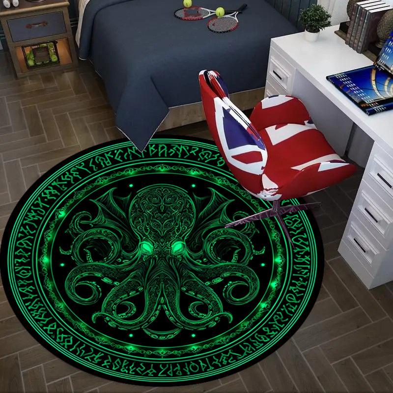 Green Octopus Symbol Round Rug Flannel Printed Carpet Dark Theme Home Decor Cozy Soft Floor Mat Living Room Indoor Use