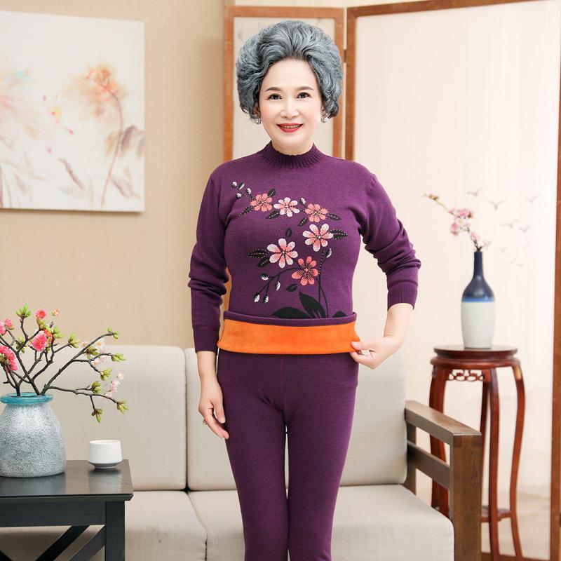 Women's Plus Size Fleece-Lined Warm Underwear Set for Middle-Aged and Elderly