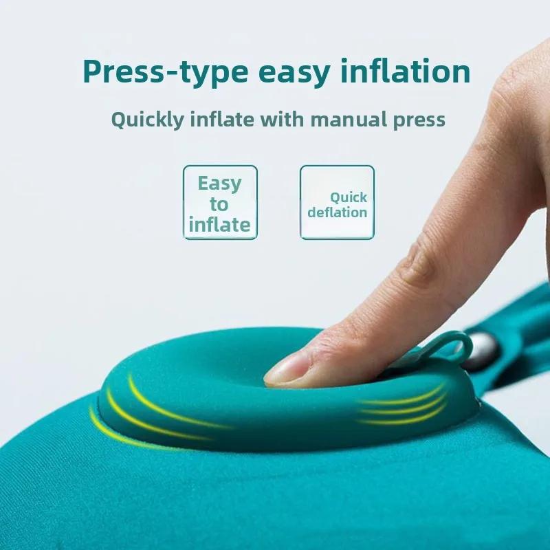 Press Inflatable U-Shape Neck Pillow, 30-Second Fast Inflation Portable Foldable for Travel Office Car, Ergonomic Support •
