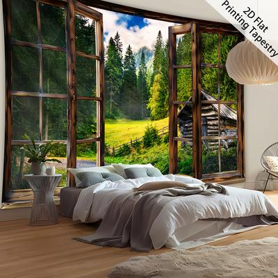 Mountain Cabin Tapestry, Scenic Window View With Green Forest, Nature Wall Art For Home Dorm Decor