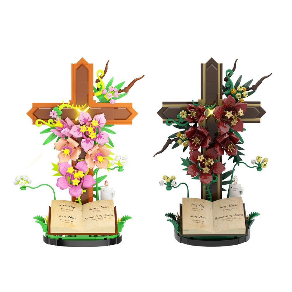 MOC Christianity Crimson Prayer Cross Flower Building Blocks Sacred Bible Tulip Flowers Bouquet Bricks Model Assembly Toys Gifts
