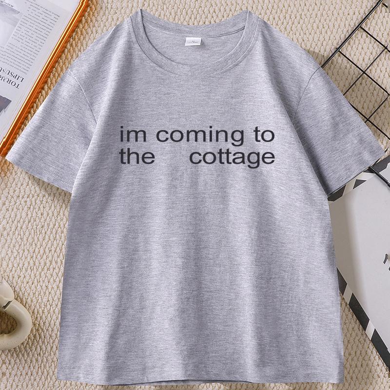 

Im Coming To The Cottage T-Shirt Casual Round Neck Cotton Short Sleeves Tshirt Comfortable Tshirt Top Male Clothes L сірий