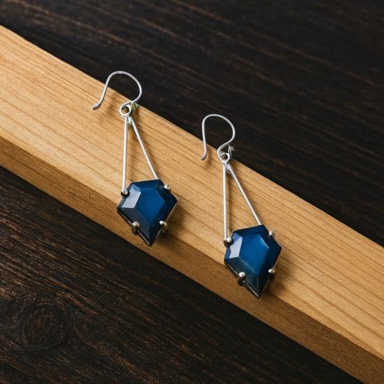 Labradorite Earrings, 925 Sterling Silver Handmade Blue Drop Dangle Jewelry, Unique Diamond Cut Stone