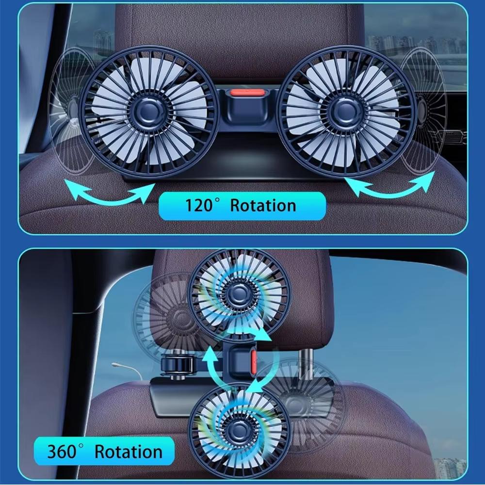 Car Fan 3-speed Car Seat Back Cooling Fan USB Charge Dual Head Fan 360 Degree Rotation Neck Cooler for Summer Car Accessories