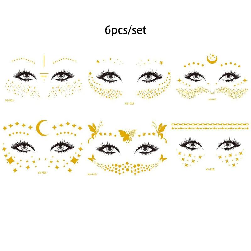 Pegatinas de purpurina para tatuajes faciales, tatuajes temporales metálicos dorados, calcomanías de maquillaje impermeables para chicas, fiestas, festivales de música