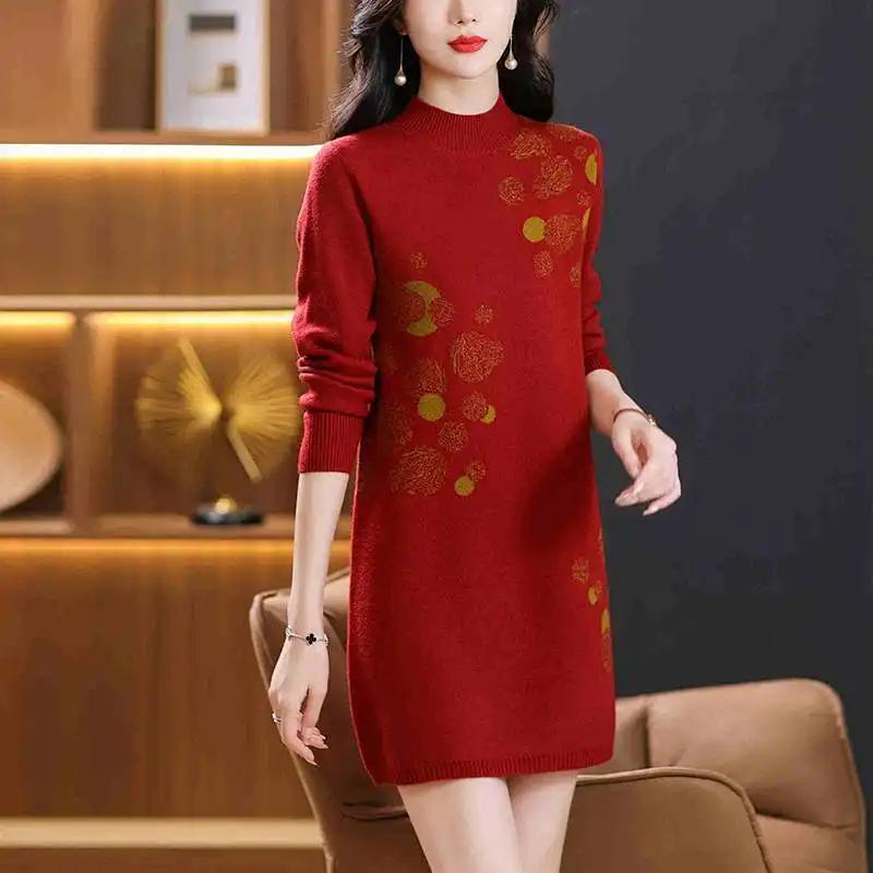 Kleid für Frau Baumwolle Winter Warm Rundhals Langarm Vintage Lässig Bedruckt Lang Stretch Strickpulloverkleider