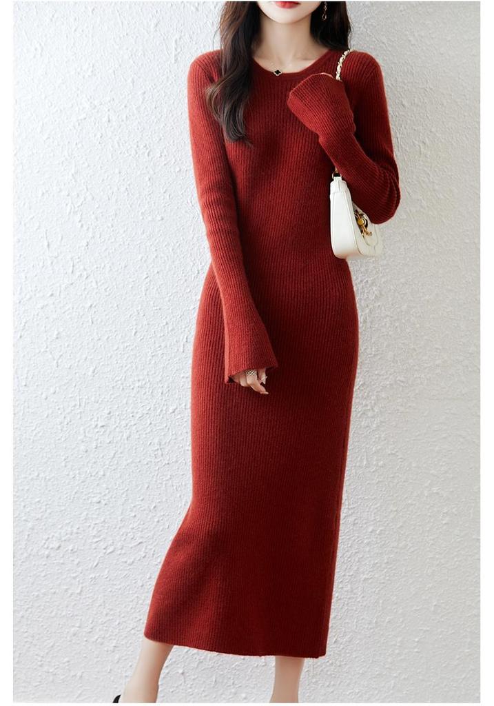 Women's Knee-Length Pure Wool Bell Sleeve Knit Dress - Autumn Winter Slim Fit