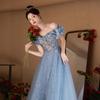 One-word Shoulder Blue Evening Dress Skirt 1011 New High-end Beautiful Light Luxury Niche Host High-end Sense Annual Meeting Women