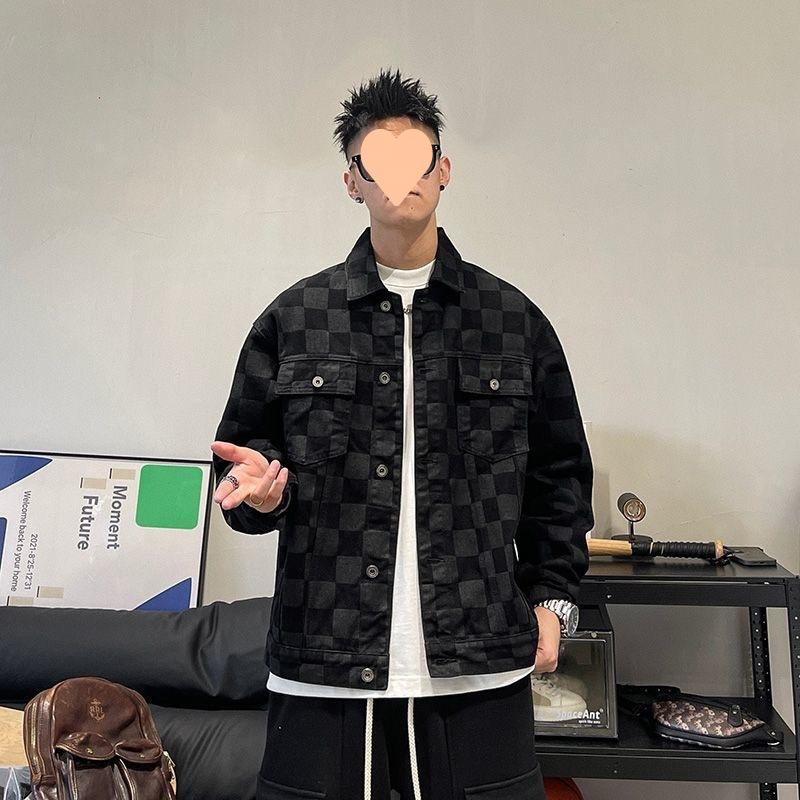 Spring and Autumn Checkerboard Denim Jacket Men's Retro Versatile Casual Jacket Loose Lapel Trendy Men's Handsome Top