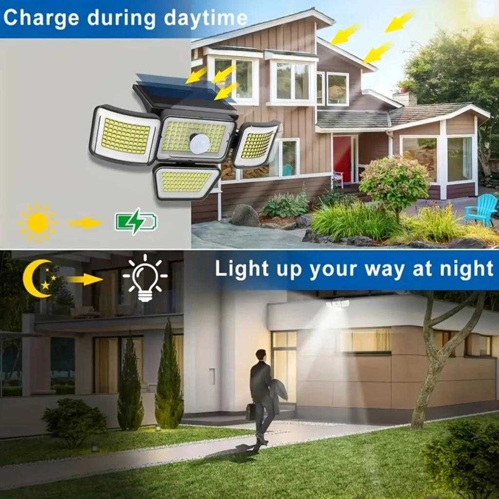 278 LED Solar Light Outdoor with 3 Modes Motion Sensor Wall Light 4 Head Solar Powered Floodlight for Yard Garden Pathway Decor