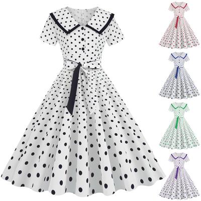 (Qunide) Women's Fashion Lapel Vintage Polka Dot Print Maxi Dress With Belt
