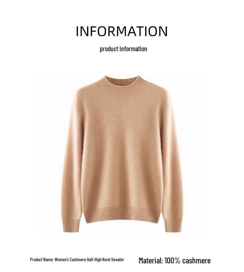 Women's 100% Cashmere Thickened Long Sleeve Sweater - Half-High Neck, Versatile Knit Base Layer for Autumn/Winter