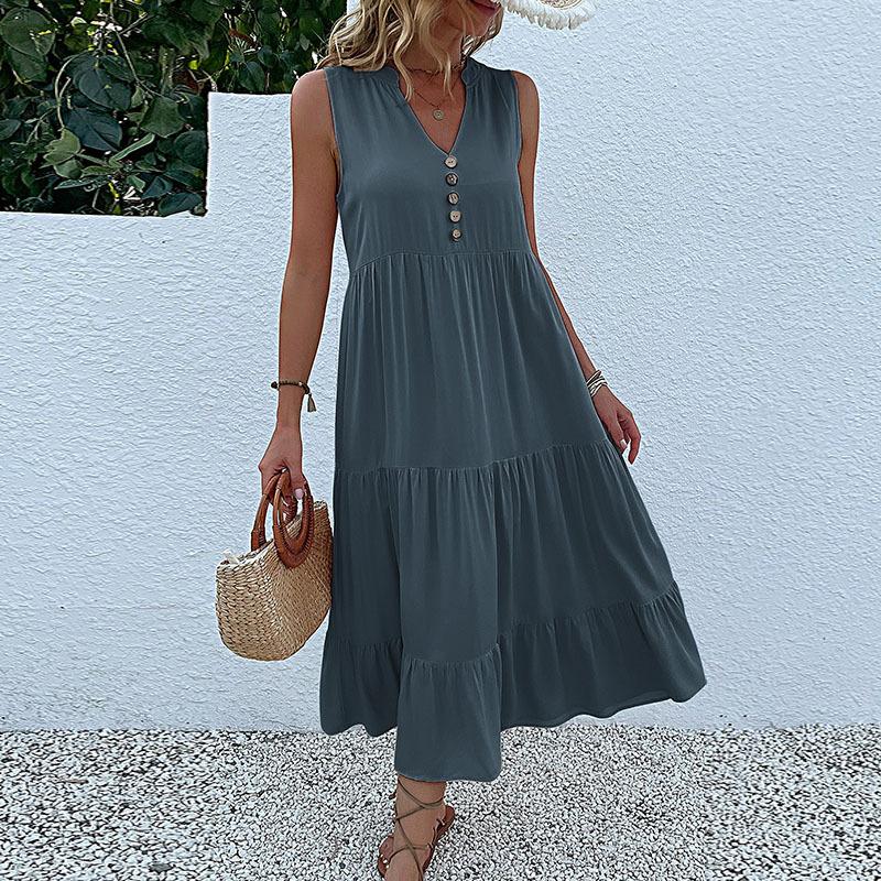 Sommer Neues ärmelloses, lockeres, mittellanges Kleid mit V-Ausschnitt aus Europa und Amerika