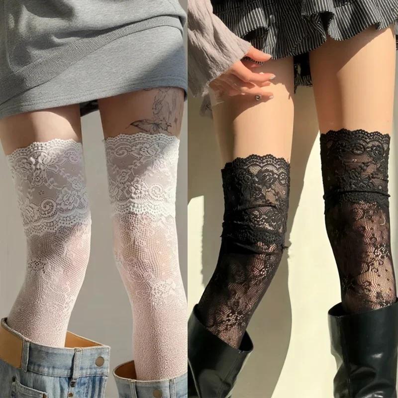 Y2k New Women Flower Lace Fishnet Thigh High Stockings Japanese Style JK Girl Sweet Lace Trim Frilly Over Knee Long Socks