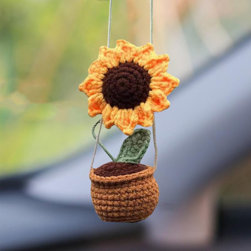 Autozubehör Sonnenblumenanhänger Blume Gestrickt Rückspiegel Zubehör Niedliche Topfpflanze Anhänger Nicht Die Sicht Blockieren Wolle