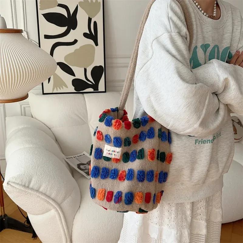 Color Plush Dots Women'S Bento Handbags Retro Design Female Fluffy Bucket Bags Large Capacity Shoulder Bag Purse Casual Tote