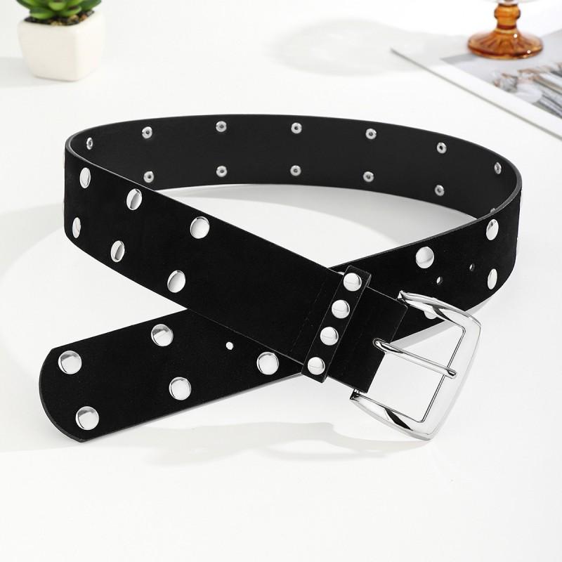 Womens Punk Style Hollow Out Double Row Dot Decorative Belt With Pin Buckle PU Leather Waistband Casual Fashion