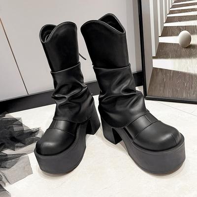 Stivali Invernali alla Moda da Donna 9cm alla Caviglia con Fibbia e Cinturino in Peluche, Tacco Largo, Stivali con Plateau, Stivali da Festa, Zip Laterale, Scarpe in Pelle Nera