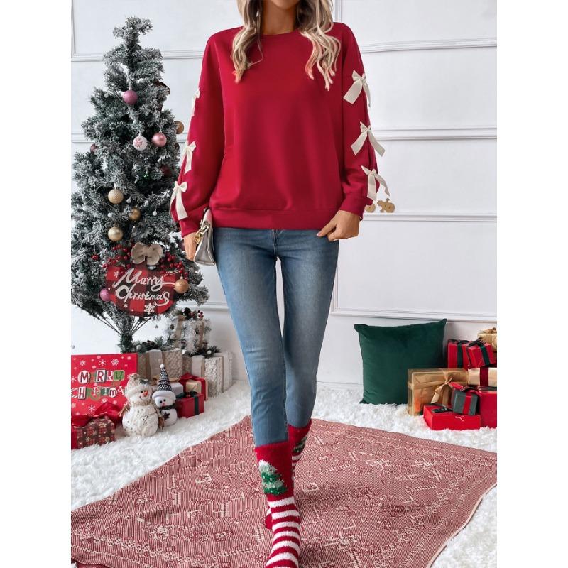 Women S Red Bow Crew Neck Long Sleeve Casual Sweatshirt