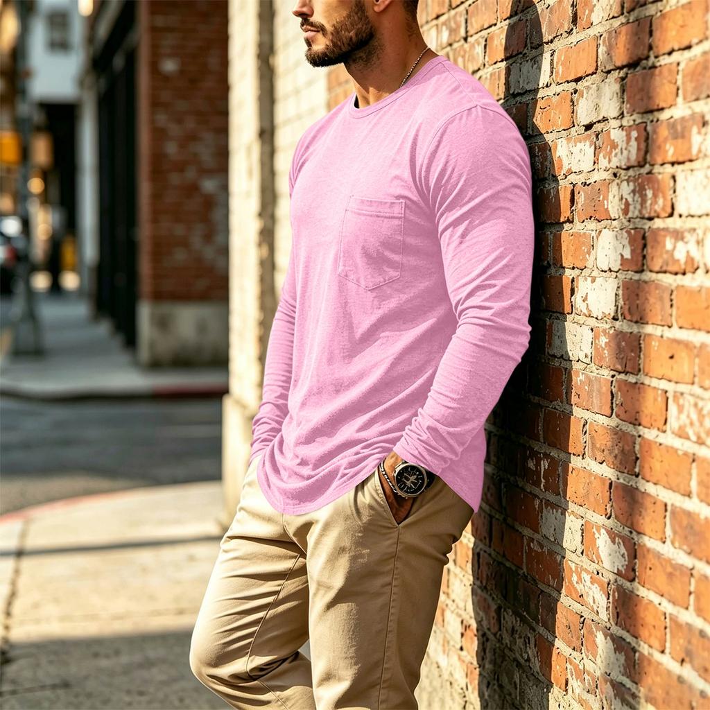 Men's Casual Long Sleeve Round Neck T-Shirt with Pocket for Everyday Wear