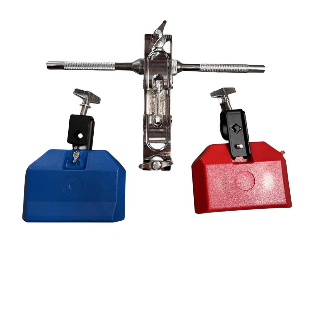 Plastic and Wooden Percussion Set: Clappers, Cowbells, and Holder