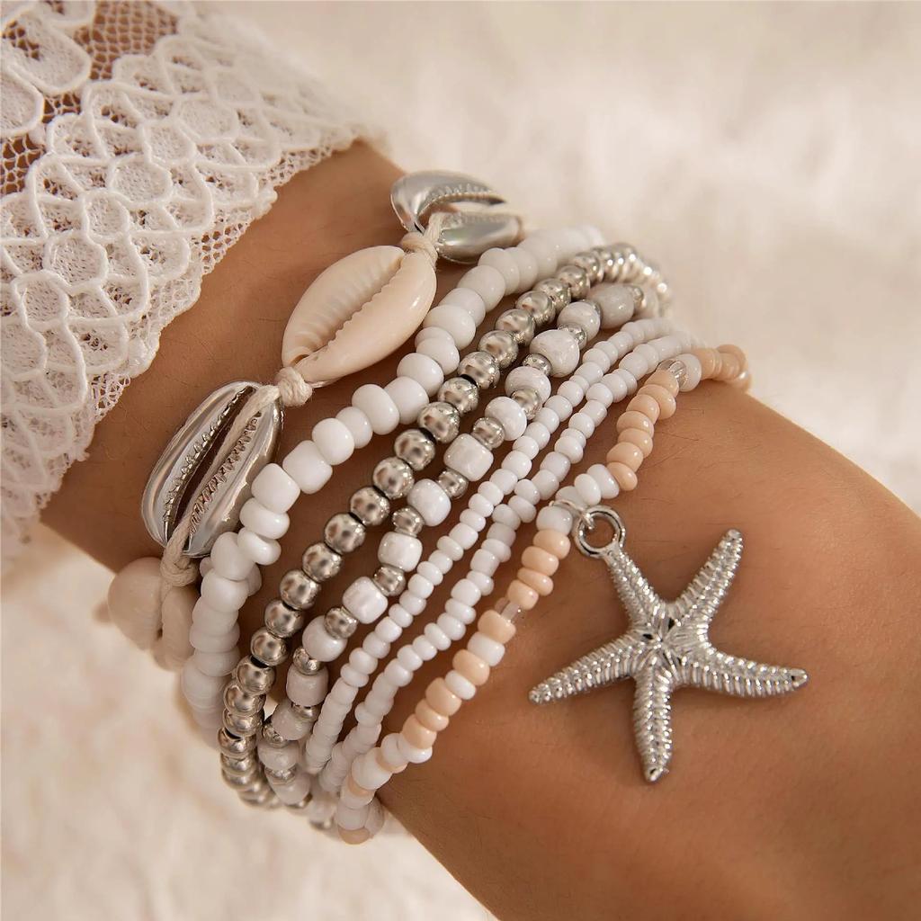7Pcs Bohemian Shell Bracelet Set For Women Starfish Charm Rice Beads Wristband Bangle Girls Summer Beach Jewelry Accessories