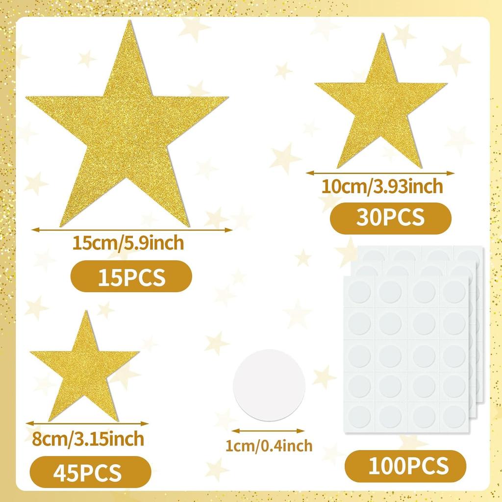 JUNEBRUSHS 90Pcs Star Cutouts, Double Printed 3 Sizes Gold Glitter Star Paper Cutouts for Bulletin Board Classroom Wall Decorations
