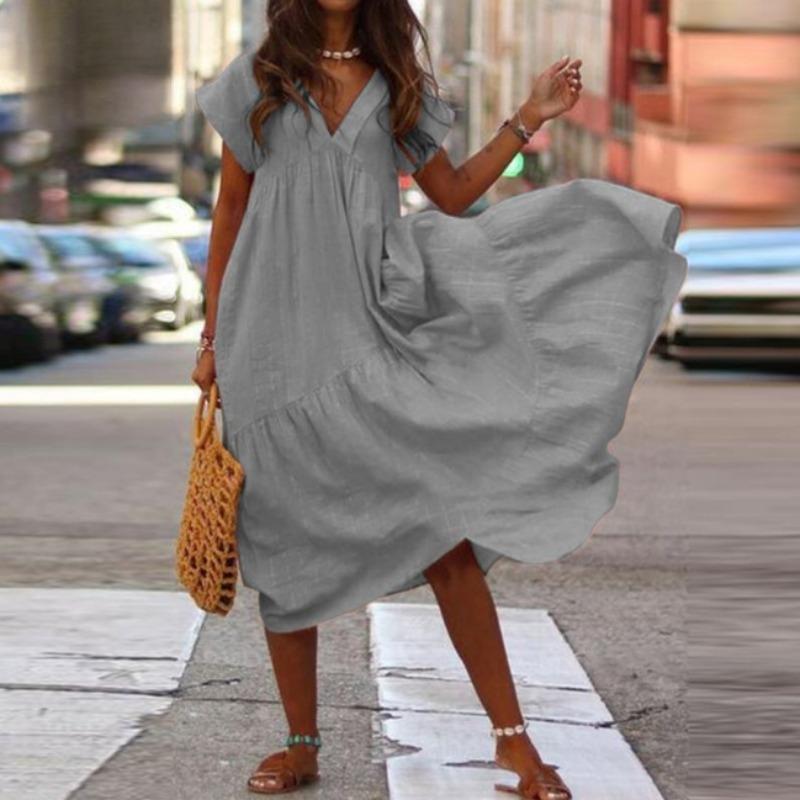 Summer Hot Selling Large Size Multi Color Cotton Linen Loose V-neck Women's Dress