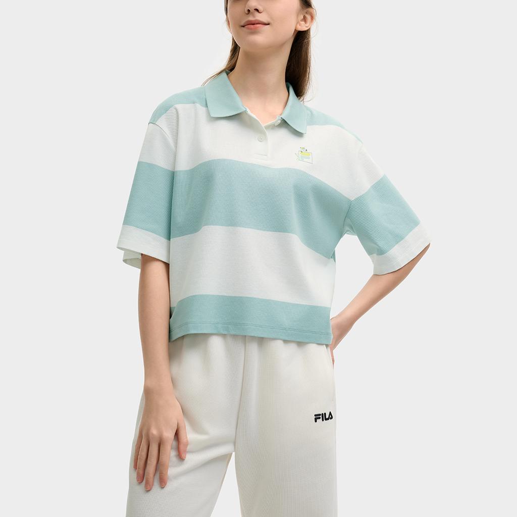 Fila X MAISON KITSUNE Original Fashionable Versatile Loose Striped Short Sleeve Polo Shirt Women Polo Shirts Fruit-Gray-Green F11W529103F-GN