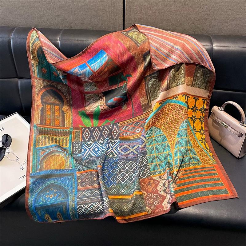 Double-Sided Faux Silk And Wool Printed Scarf For Women Spring And Autumn 90Cm Square Scarf Foulard Bandana Femmel Headscarf