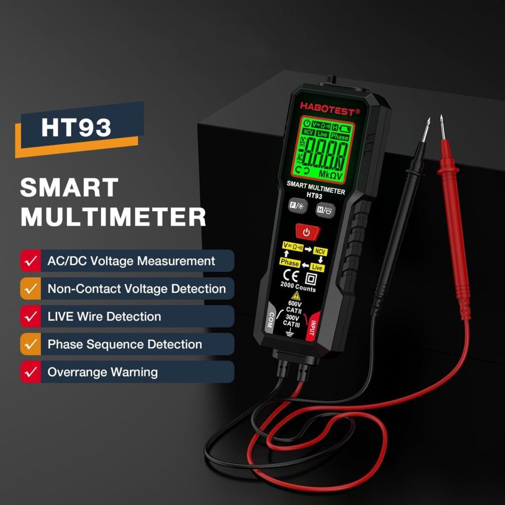 Weytoll HT93 Digital Multimeter Voltage Tester 2000 Counts Volt Meter Ohmmeter Auto-Ranging Accurately Measures AC/DC Voltage Resistance with