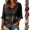 Women's V-Neck T-Shirt with Halloween Print Three-Quarter Sleeve Casual Top