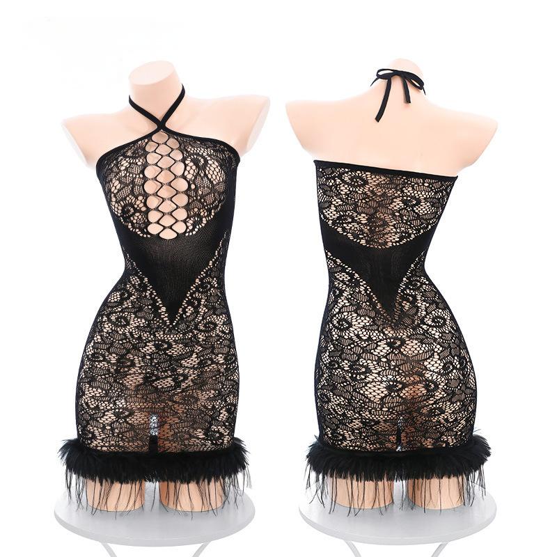 Sexy Hollow Chest Plush Perspective Seduction Sleepwear Sexy Dress Elegant Tank Mini Dress Mesh Lace Sheer Sweet Women Tops 1OW9