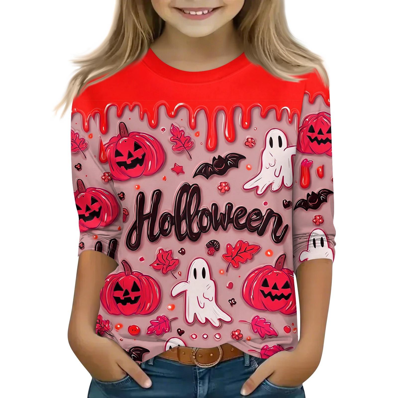 

Детские топы с рукавом 3/4, повседневная футболка с принтом на Хэллоуин, пуловер-блузка с круглым вырезом 150 киноварь