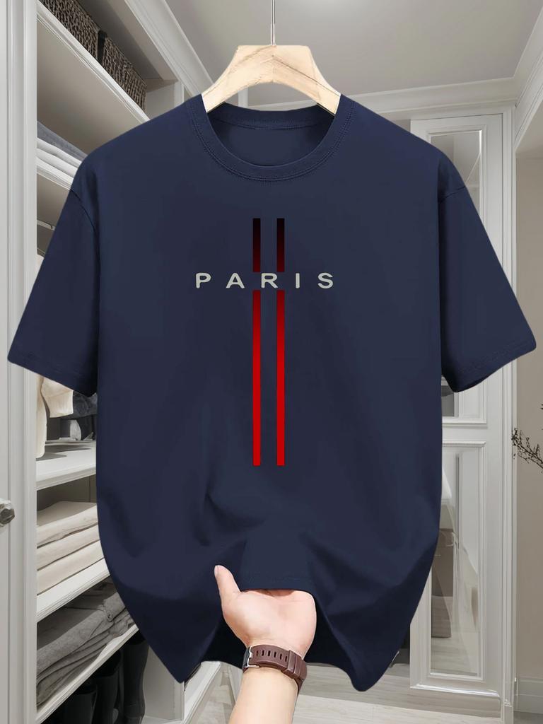 Mens Cotton Spring and Summer Casual Loose Fashion Parisian Letter Printed Comfortable Round Neck Short Sleeved Tshirt Top