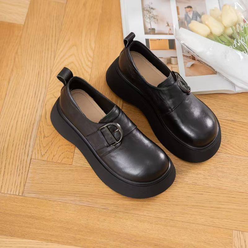 

Thick-soled heightening new first-layer cowhide muffin casual shoes retro thick-heeled single shoes 40 чорний