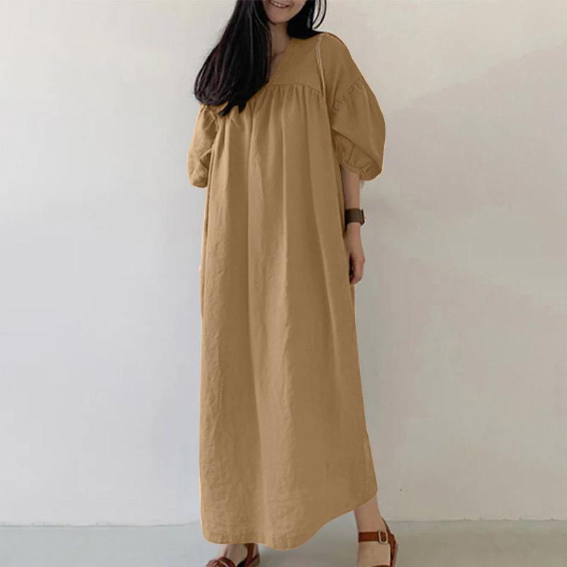 

ZANZEA Women Casual V-Neck Loose 3/4 Sleeve Plain Long Dress S