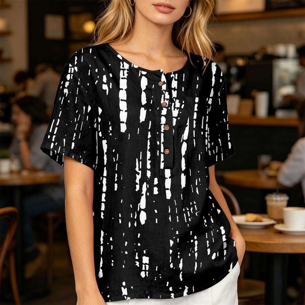 Women’s Casual Printed Henley Button Neck Short Sleeve Cotton Linen Shirt with Chest Pocket and Relaxed Fit for Everyday Wear