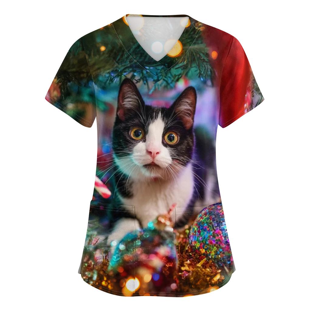 Women's V-neck Christmas printed short-sleeved pocket side-slit protective suit top