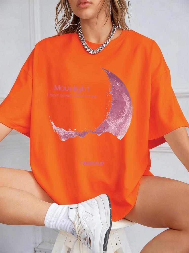 Plus Beautiful Moonlight Prints T-Shirts Womens Summer Cotton Short Sleeve T Shirt O-Neck Comfortable Loose Tops Casual Clothes